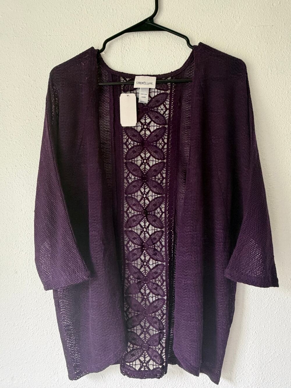 NWT Liberty Lane Crochet Back Eggplant Romantic Goth Boho Floral Cardigan Size S